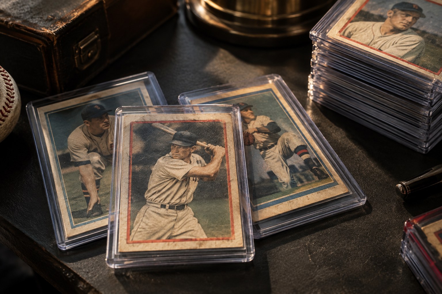Sports trading cards and protective holders on a collector’s desk